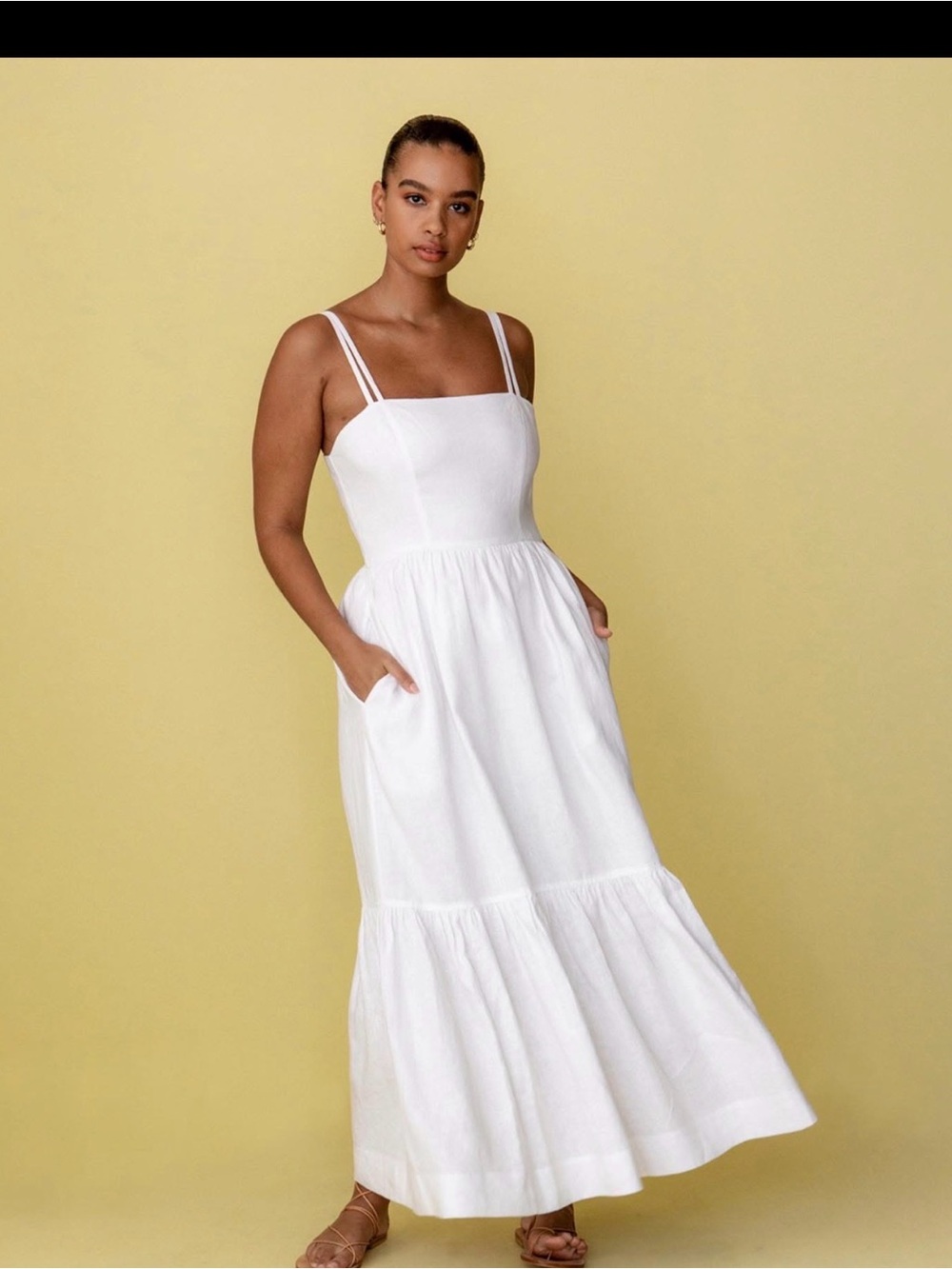 Posse White Square-Neck Linen Maxi Dress with Double Straps